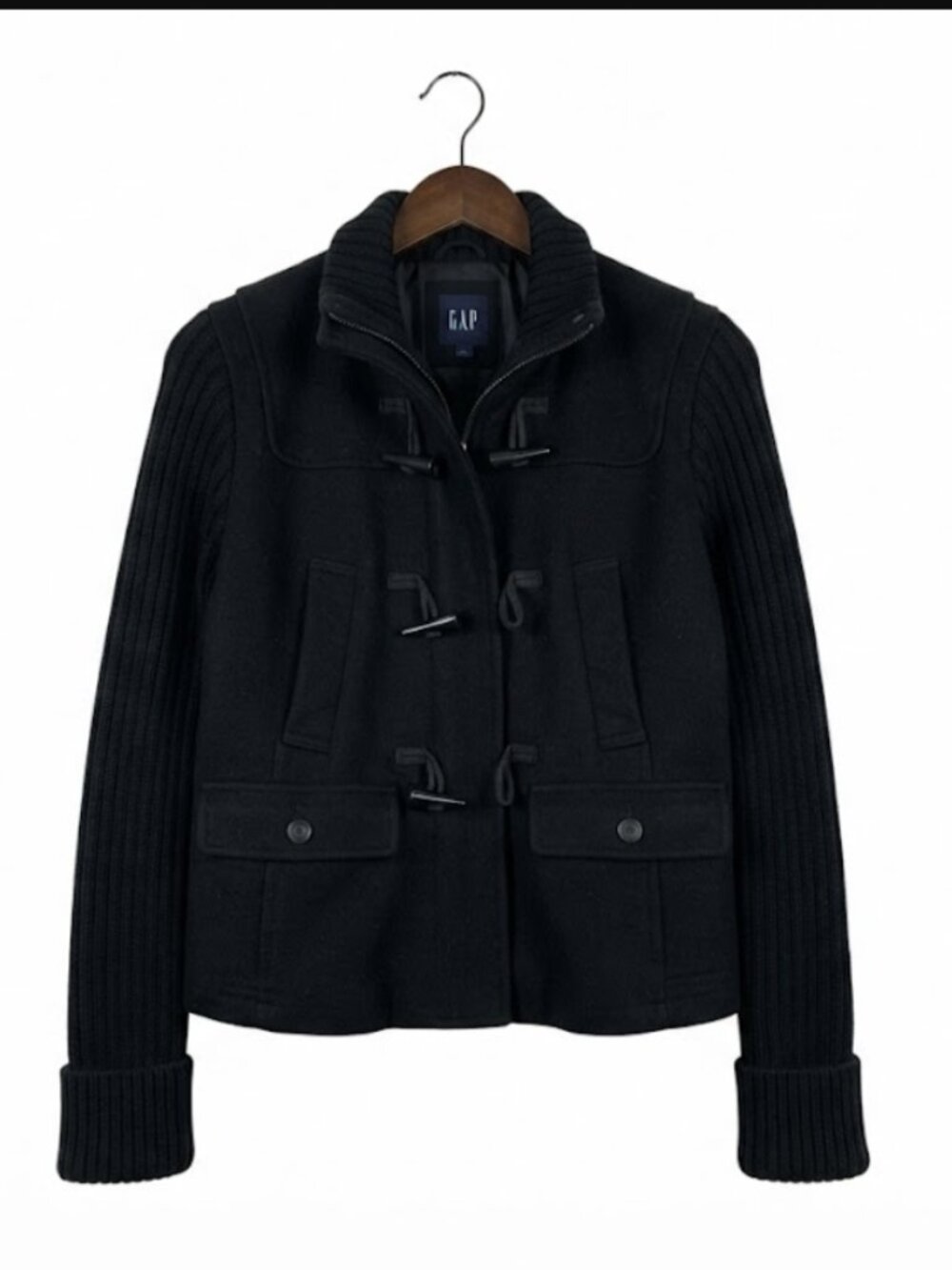 GAP Classic Black Wool-Blend Toggle Pea Coat with Ribbed Sleeves S